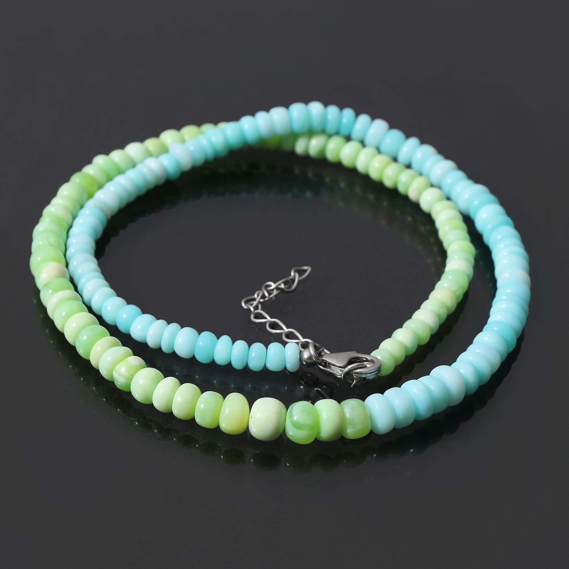 Natural Green Opal & Blue Peruvian Opal Beaded Necklace ,Smooth Rondelle Beaded Necklace GemsRush