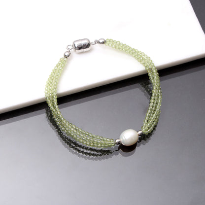 Natural Green Peridot With Freshwater Pearl Beaded Silver Bracelet GemsRush