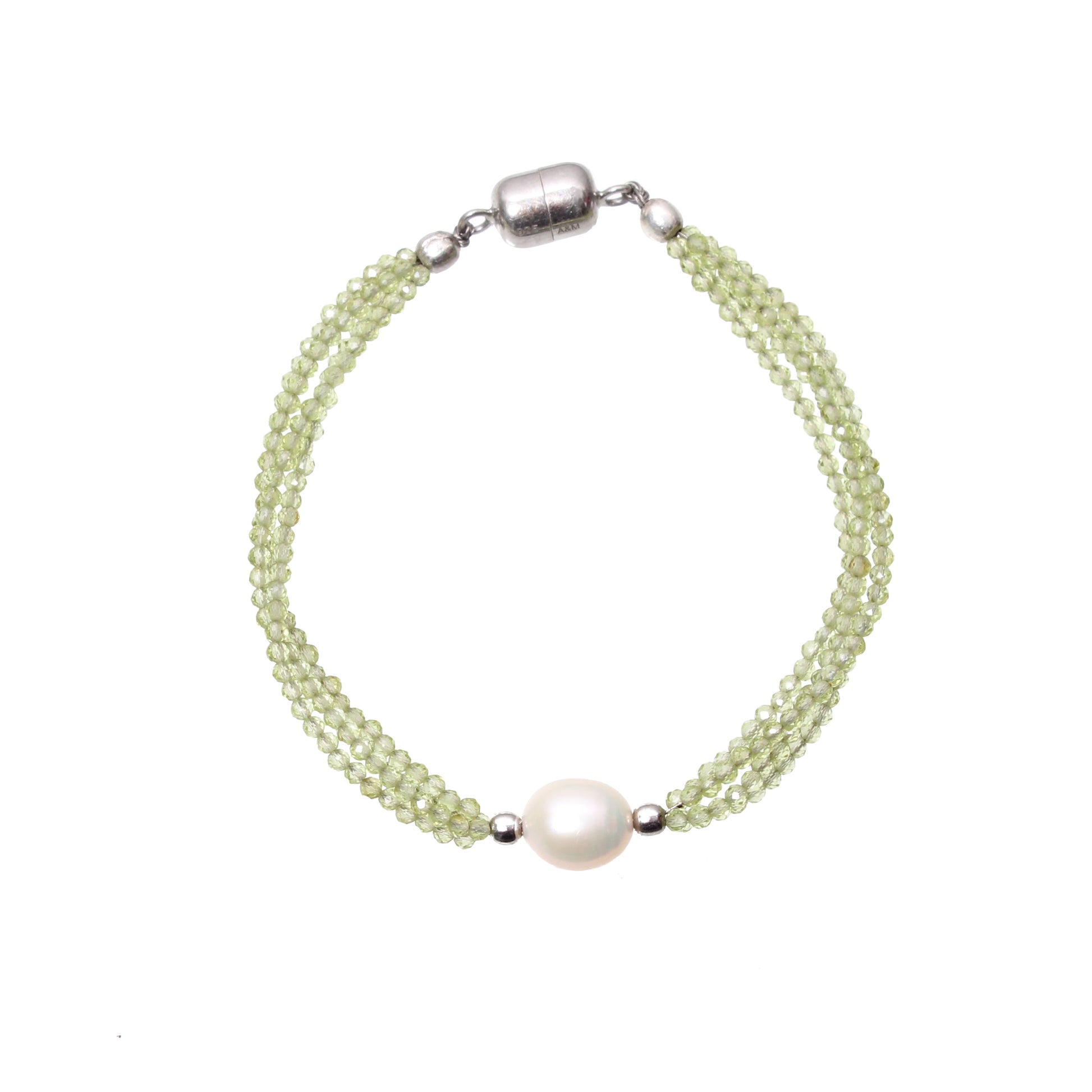 Natural Green Peridot With Freshwater Pearl Beaded Silver Bracelet GemsRush