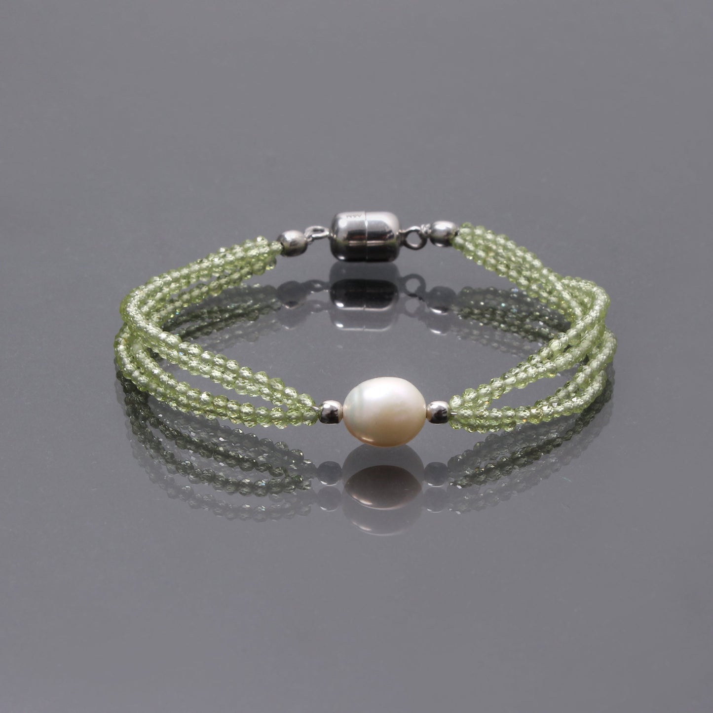 Natural Green Peridot With Freshwater Pearl Beaded Silver Bracelet GemsRush