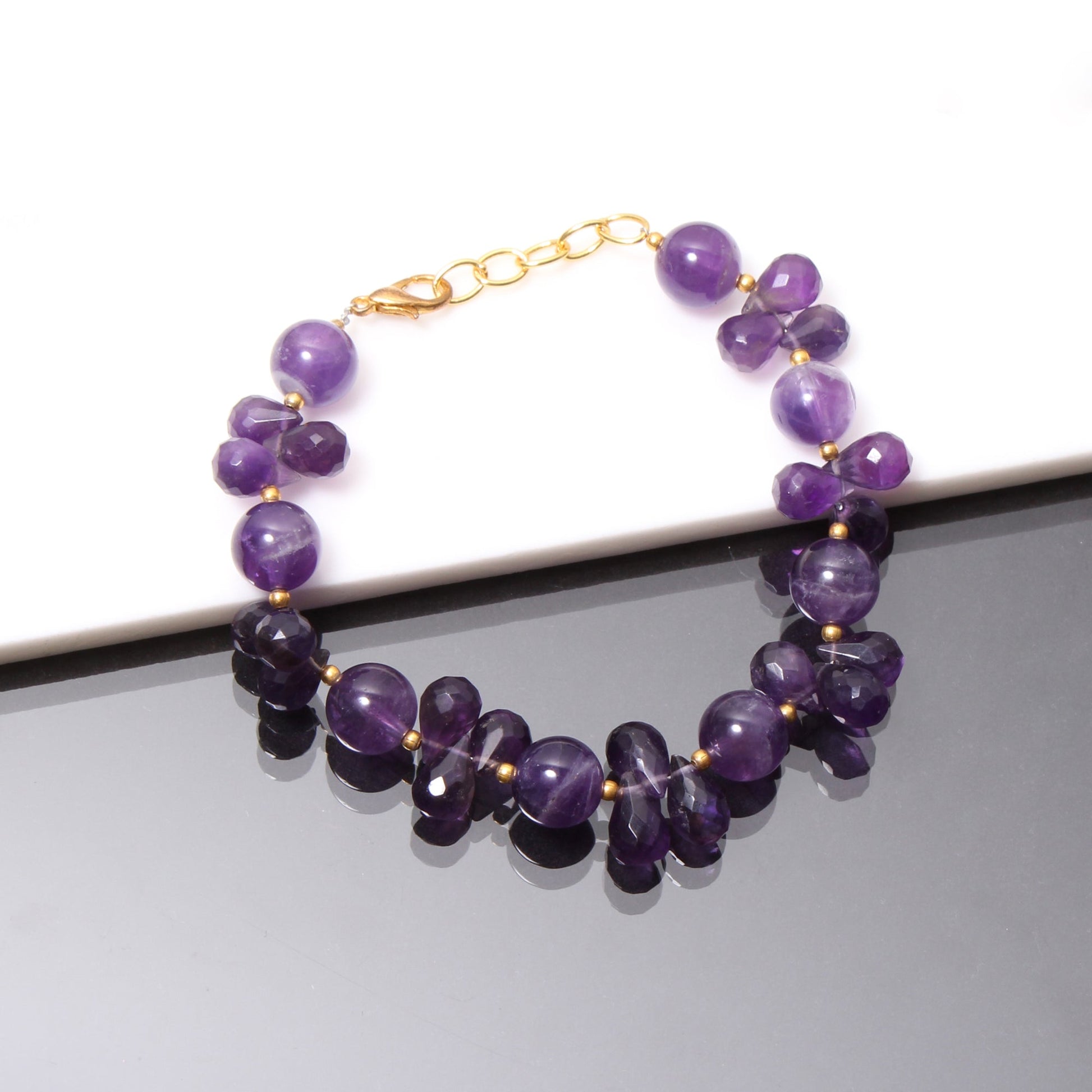 Natural Purple Amethyst  Beaded Bracelet ( Gold Plated ) GemsRush