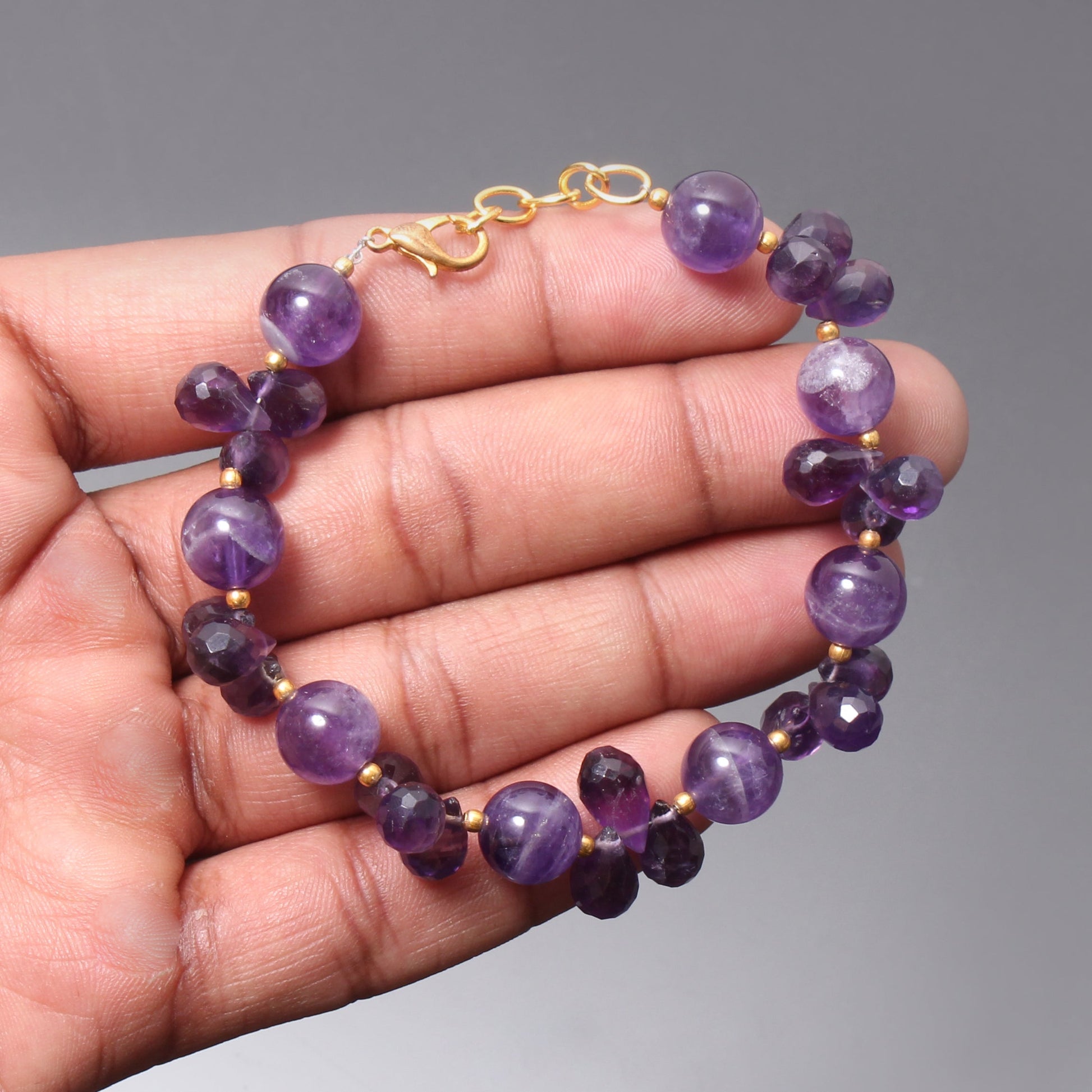 Natural Purple Amethyst  Beaded Bracelet ( Gold Plated ) GemsRush