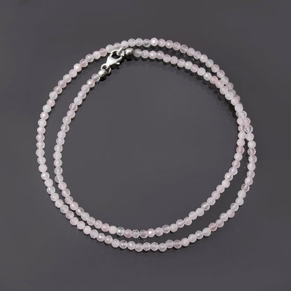 Natural Rose Quartz Bead Necklace ,Micro Faceted Round , Rose Quartz Beads Silver Necklace Jewelry GemsRush