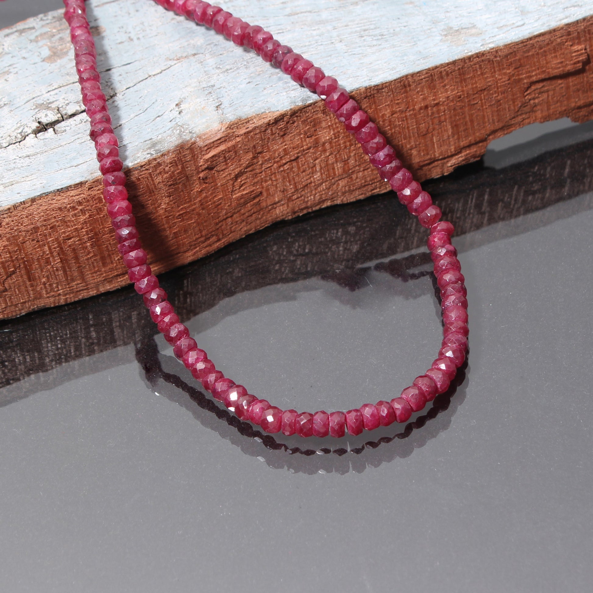 Natural Ruby Beaded Silver Necklace For Women (  Valentines Day Gift ) GemsRush