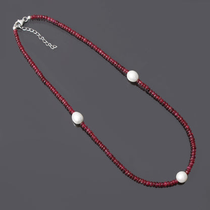 Natural Ruby & Pearl Beaded Charm Necklace, Smooth  Rondelle Beaded Necklace , Gifted For Women . GemsRush