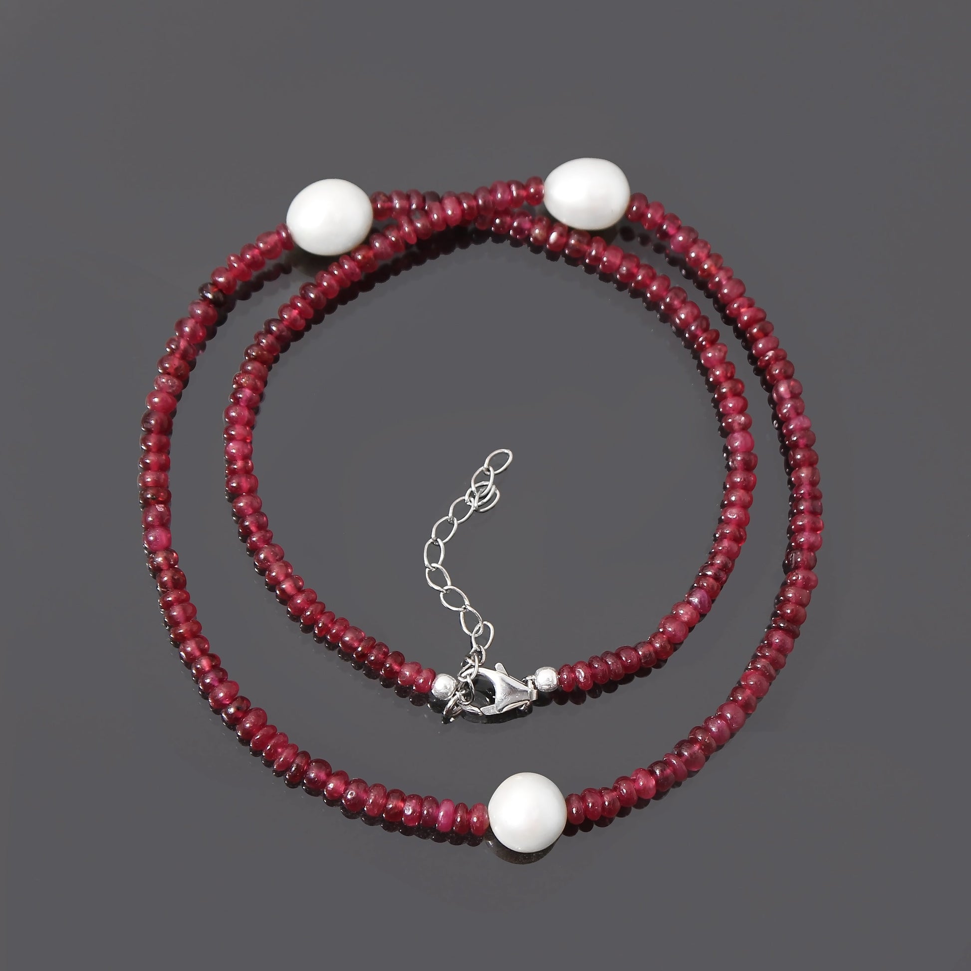 Natural Ruby & Pearl Beaded Charm Necklace, Smooth  Rondelle Beaded Necklace , Gifted For Women . GemsRush