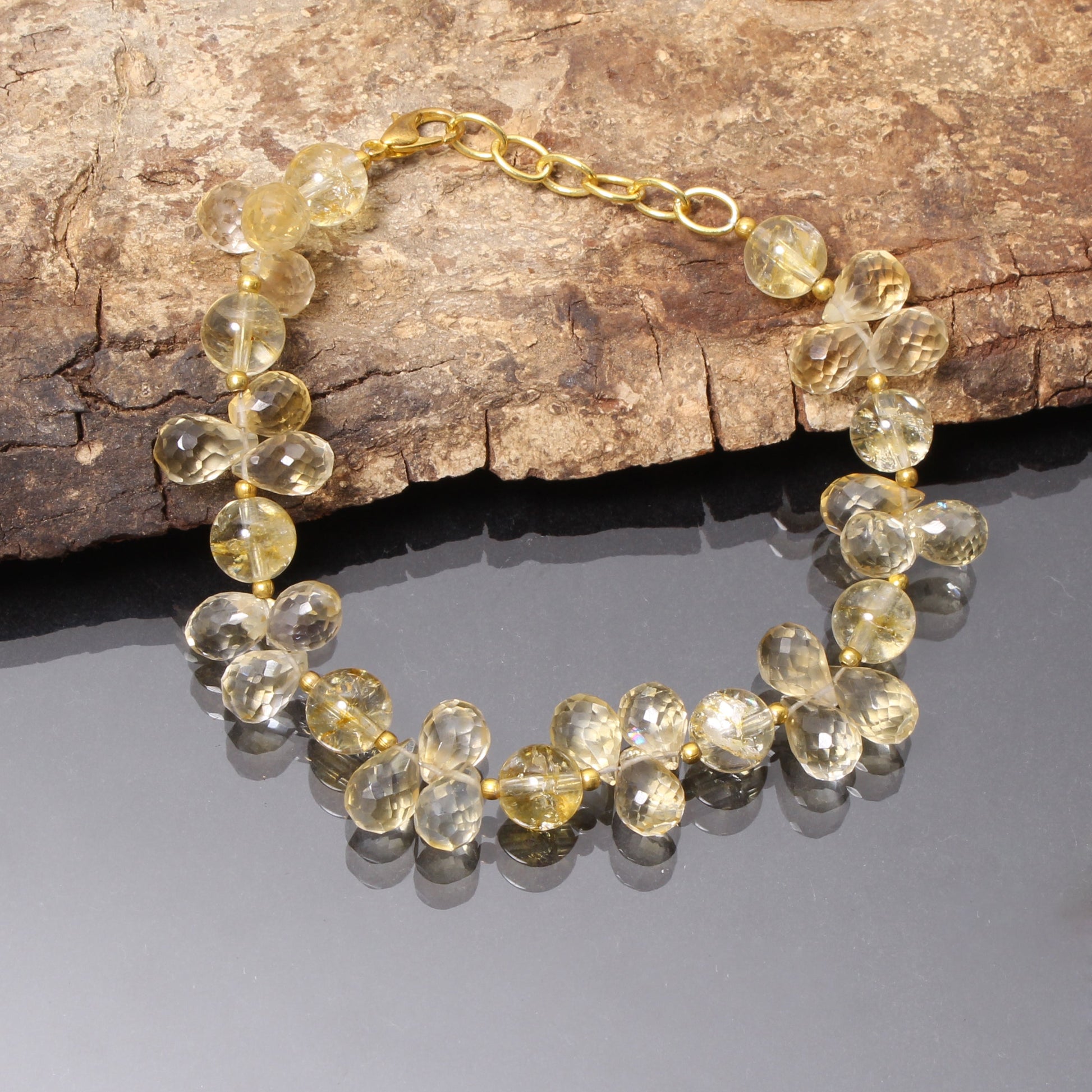 Natural Yellow Citrine Beaded Silver Bracelet GemsRush