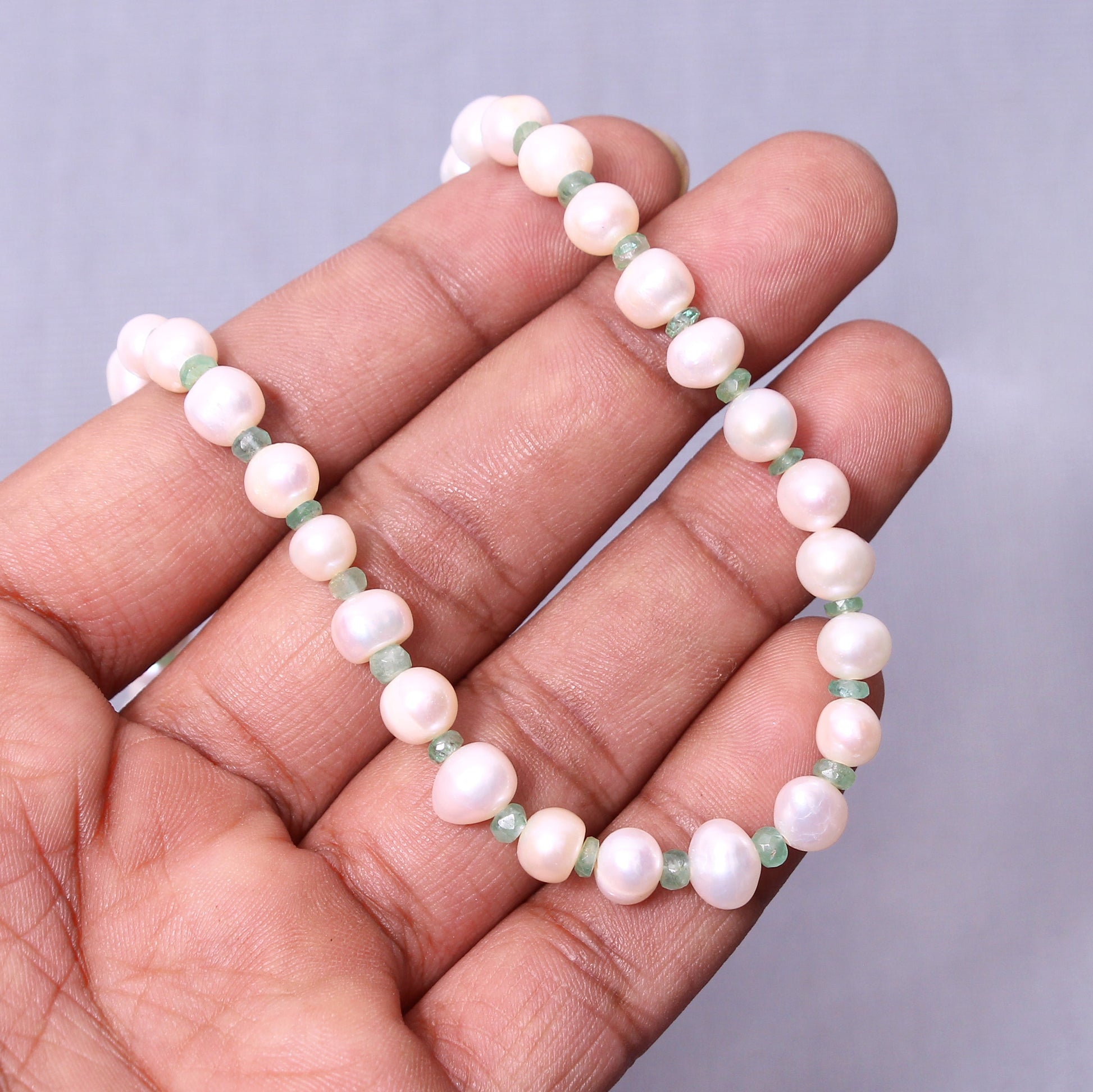 Pearl And Emerald Beaded Necklace | Beauty of Pearls having Sterling Silver Chain GemsRush