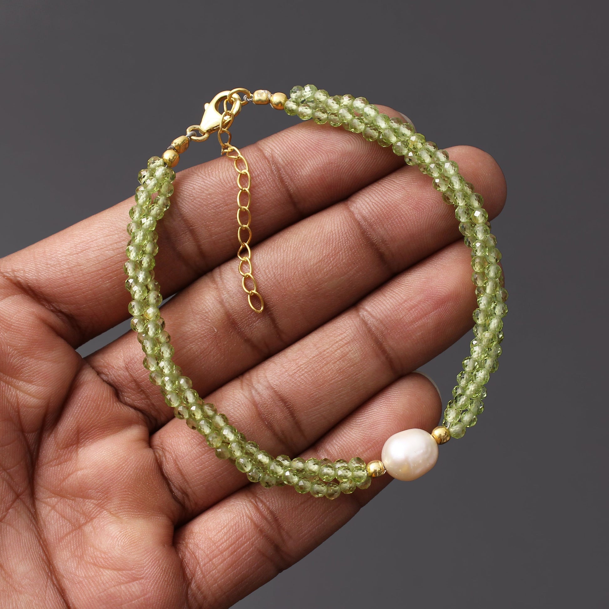 Peridot/Pearl Twist Layer Silver Bracelet ( Bolo Chain ) GemsRush