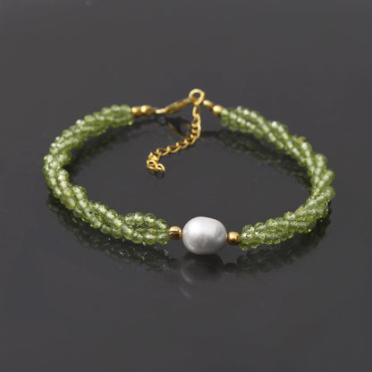 Peridot/Pearl Twist Layer Silver Bracelet ( Bolo Chain ) GemsRush