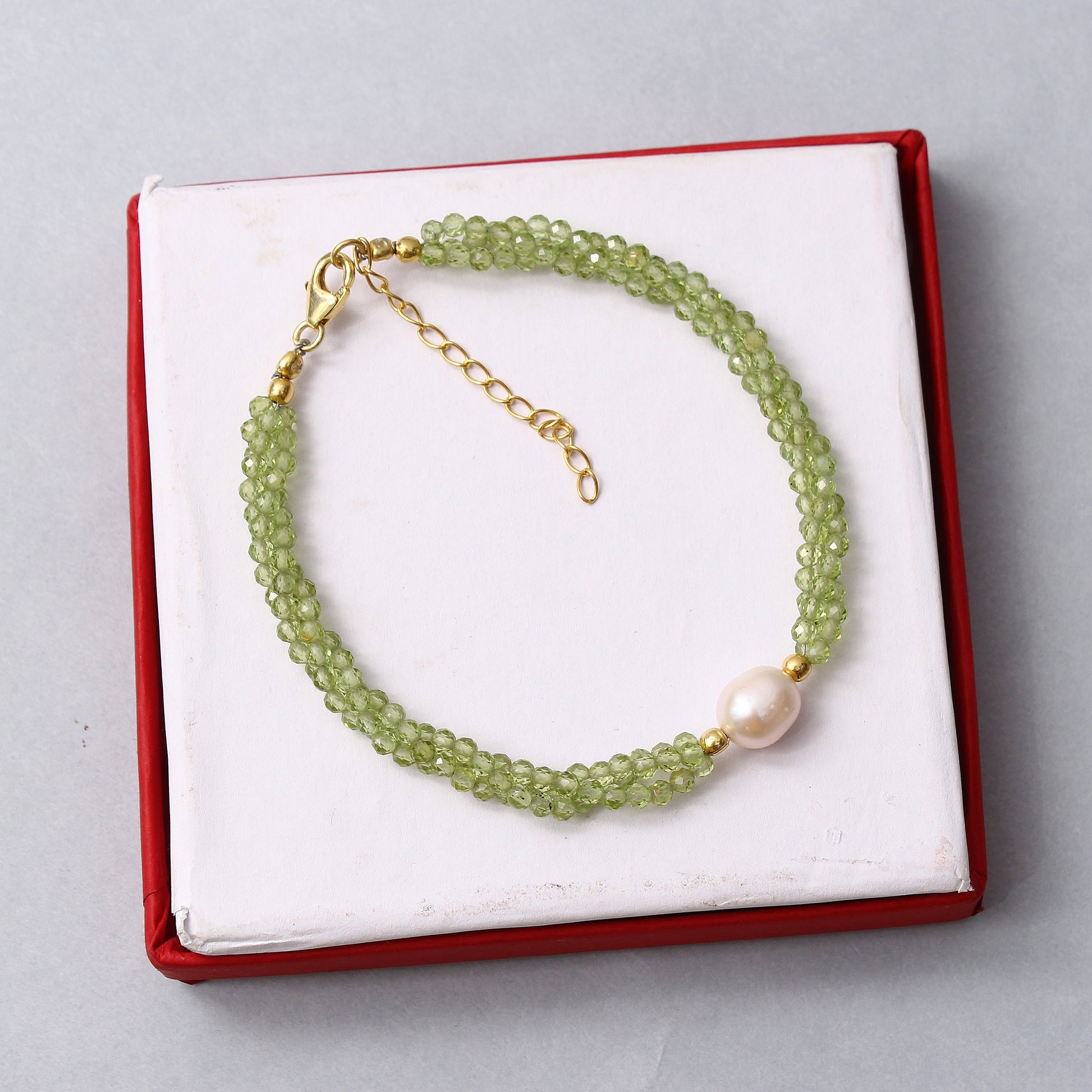 Peridot/Pearl Twist Layer Silver Bracelet ( Bolo Chain ) GemsRush