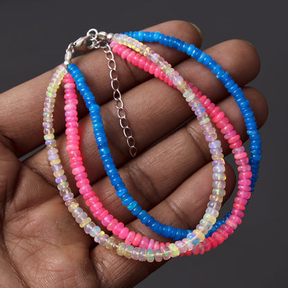 Pink Blue White Ethiopian Opal, 3 Strand Beaded Bracelet, Silver Smooth Bracelet . GemsRush