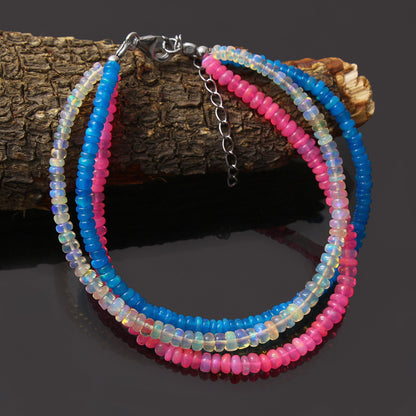 Pink Blue White Ethiopian Opal, 3 Strand Beaded Bracelet, Silver Smooth Bracelet . GemsRush