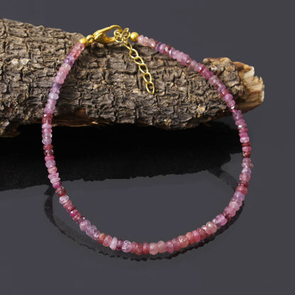 Pink sapphire beaded bracelet, handmade pink sapphire jewelry, Natural Silver Bracelet GemsRush