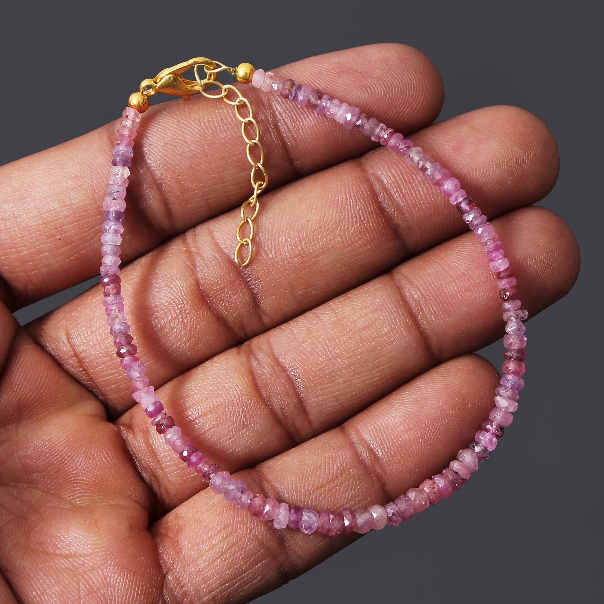 Pink sapphire beaded bracelet, handmade pink sapphire jewelry, Natural Silver Bracelet GemsRush