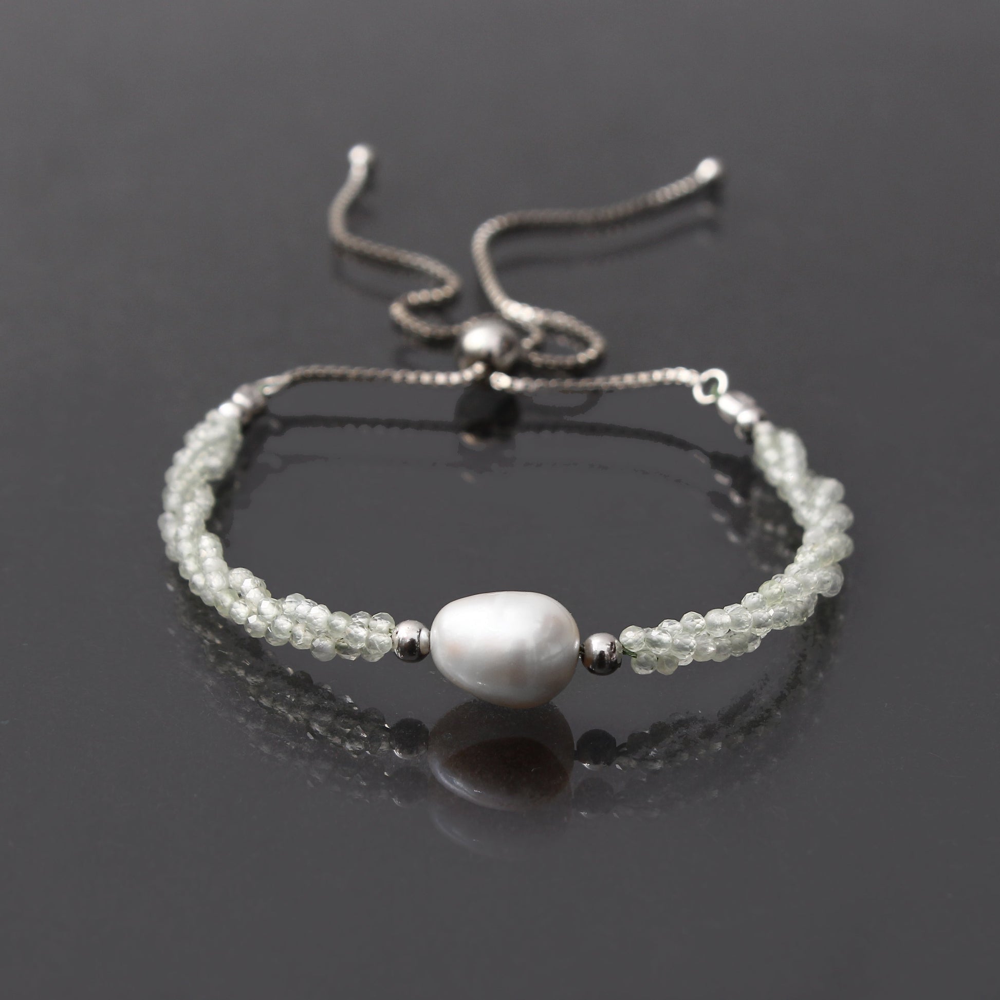 Prehnite /Pearl Bolo Chain Silver Bracelet . GemsRush