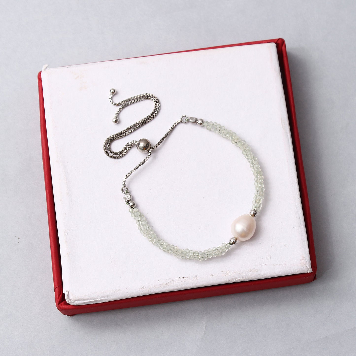 Prehnite /Pearl Bolo Chain Silver Bracelet . GemsRush