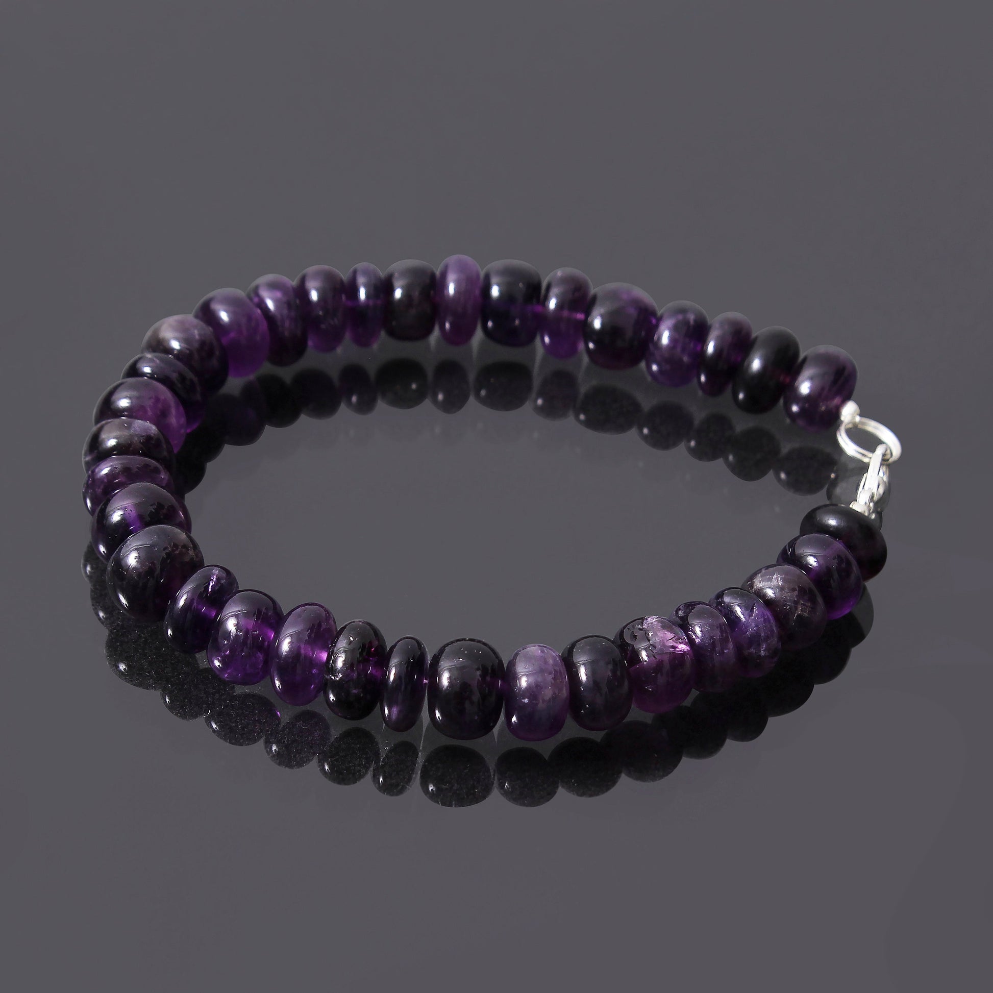 Purple Amethyst Beaded Smooth Round bracelet ,silver Lock Bracelet GemsRush