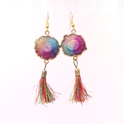 Rainbow Color Druzy Brass Earring With Tassel GemsRush