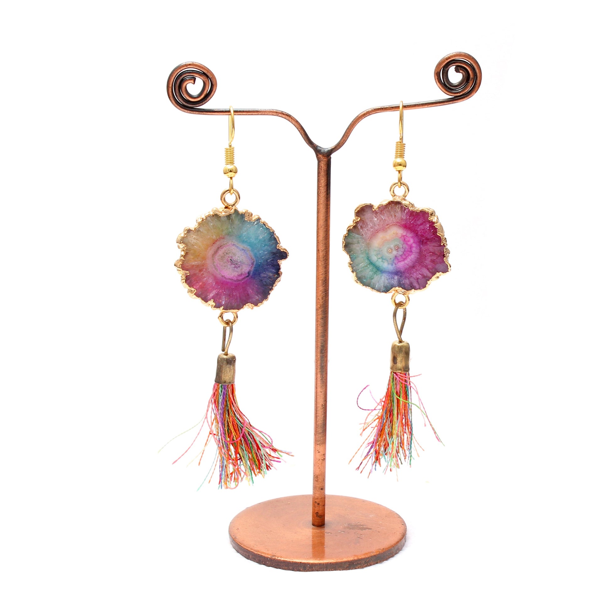 Rainbow Color Druzy Brass Earring With Tassel GemsRush