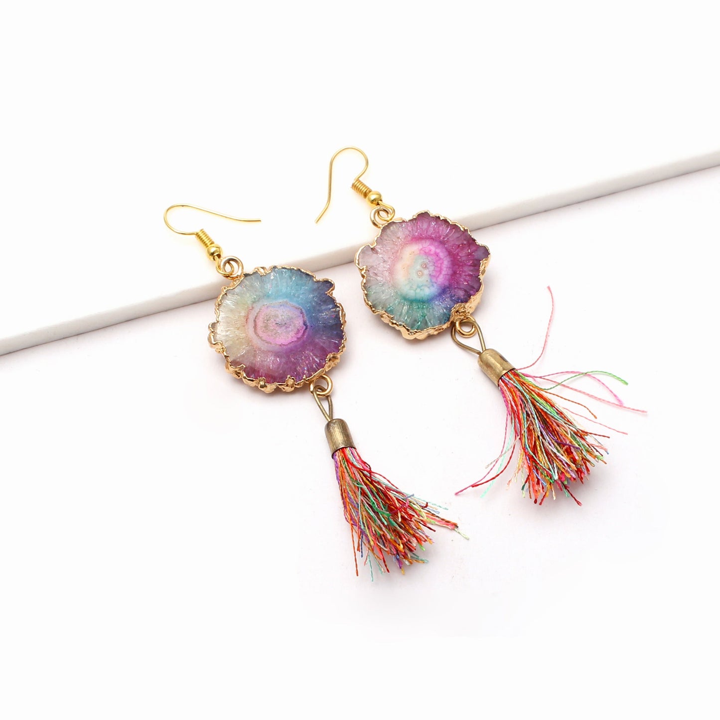 Rainbow Color Druzy Brass Earring With Tassel GemsRush