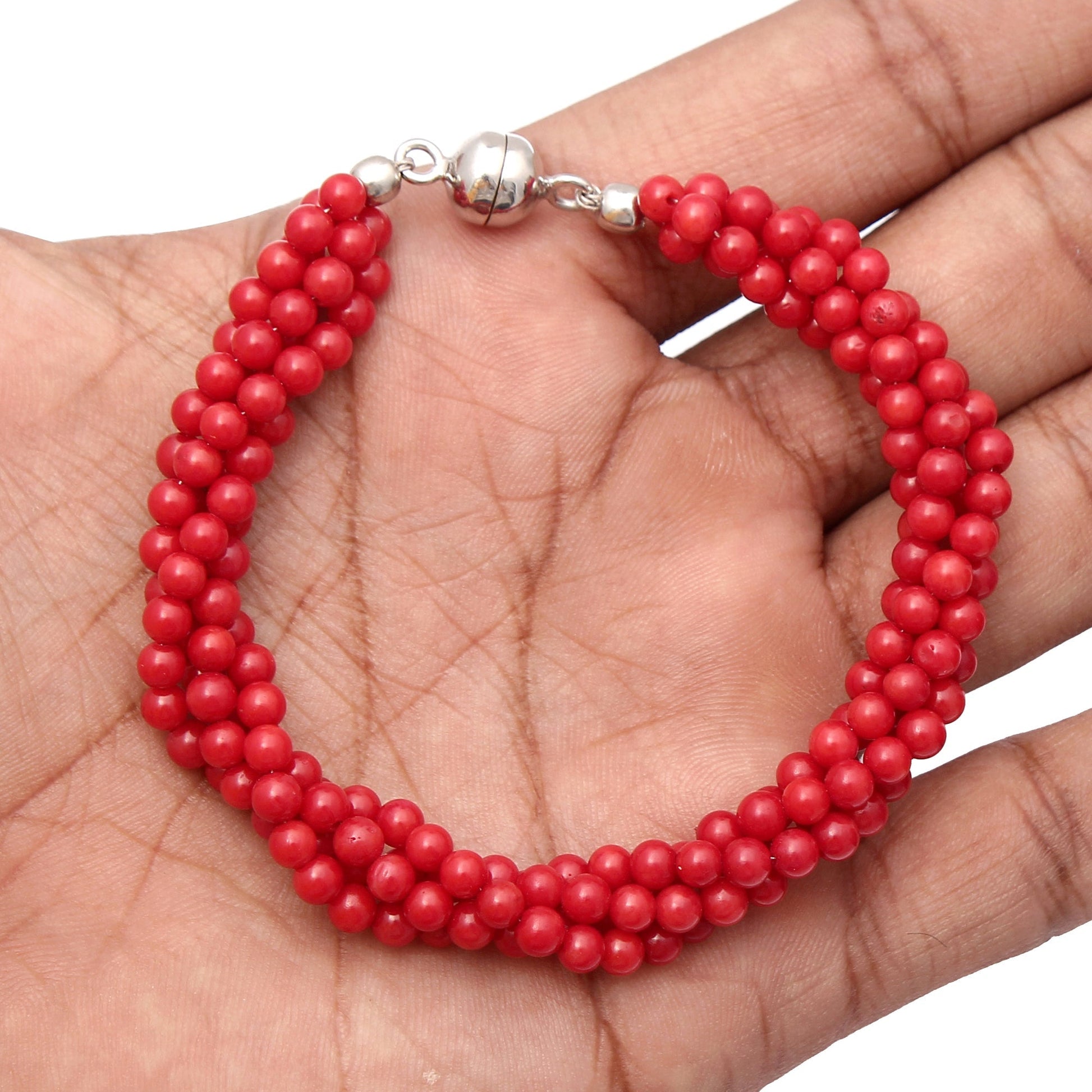 Red Coral Beads Silver Bracelet Women's Day Gift GemsRush