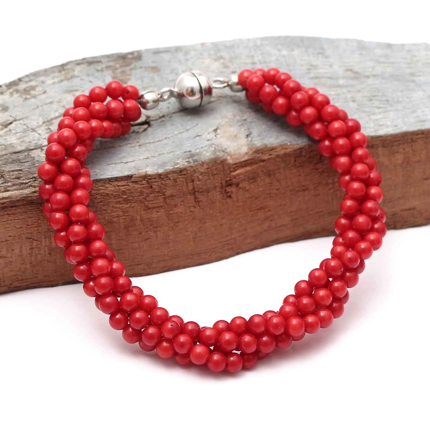 Red Coral Beads Silver Bracelet Women's Day Gift GemsRush