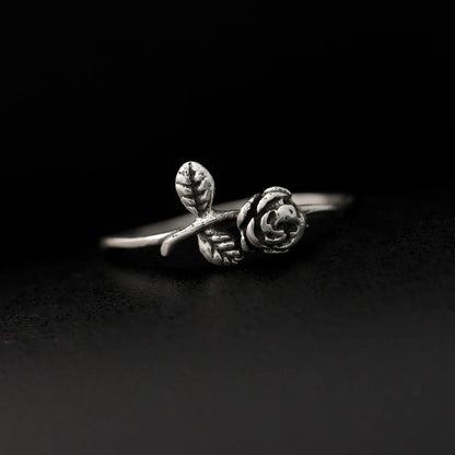 Sterling Silver Beautiful Rose and Leaf Ring GemsRush