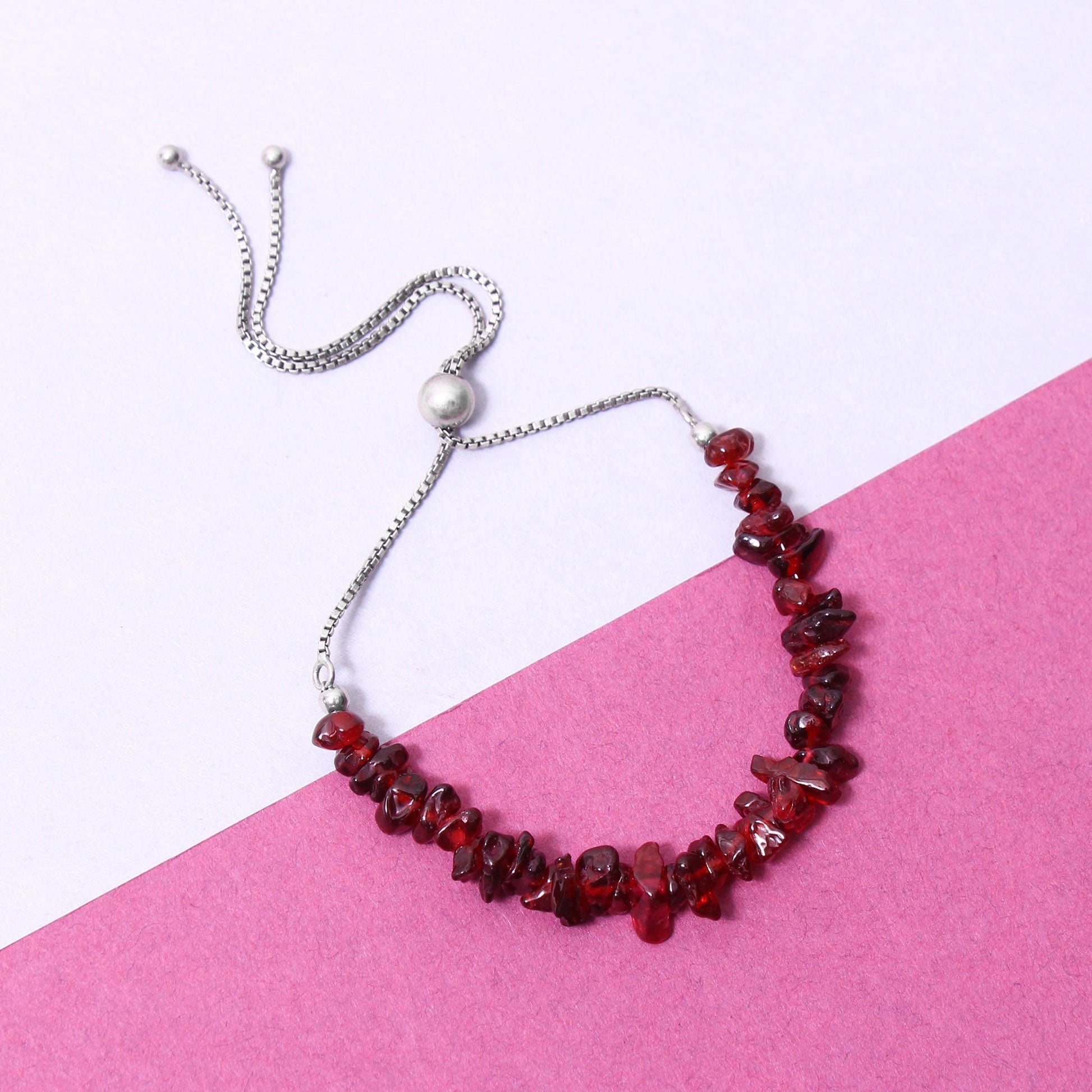 Stunning Red Garnet Beaded Bracelet with Sterling Silver Bolo Chain GemsRush