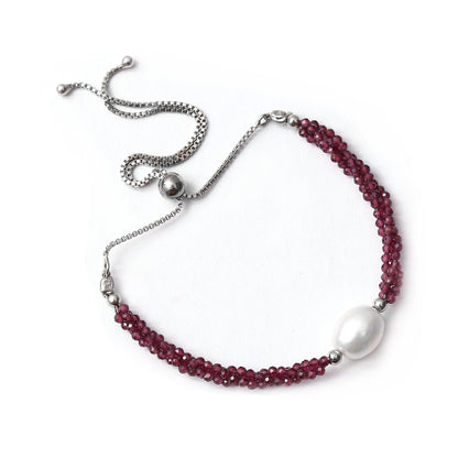 Twist Rhodolite Garnet/ Pearl Bolo Chain Silver Bracelet GemsRush