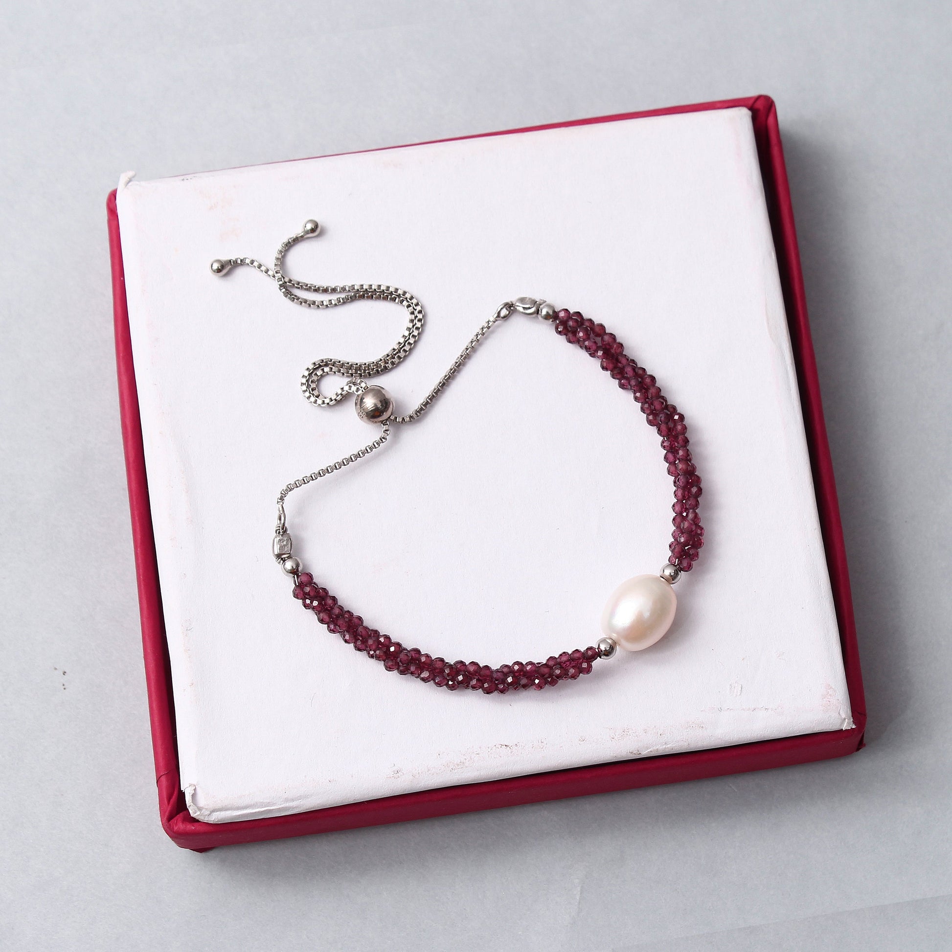 Twist Rhodolite Garnet/ Pearl Bolo Chain Silver Bracelet GemsRush