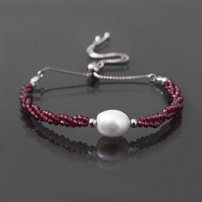 Twist Rhodolite Garnet/ Pearl Bolo Chain Silver Bracelet GemsRush