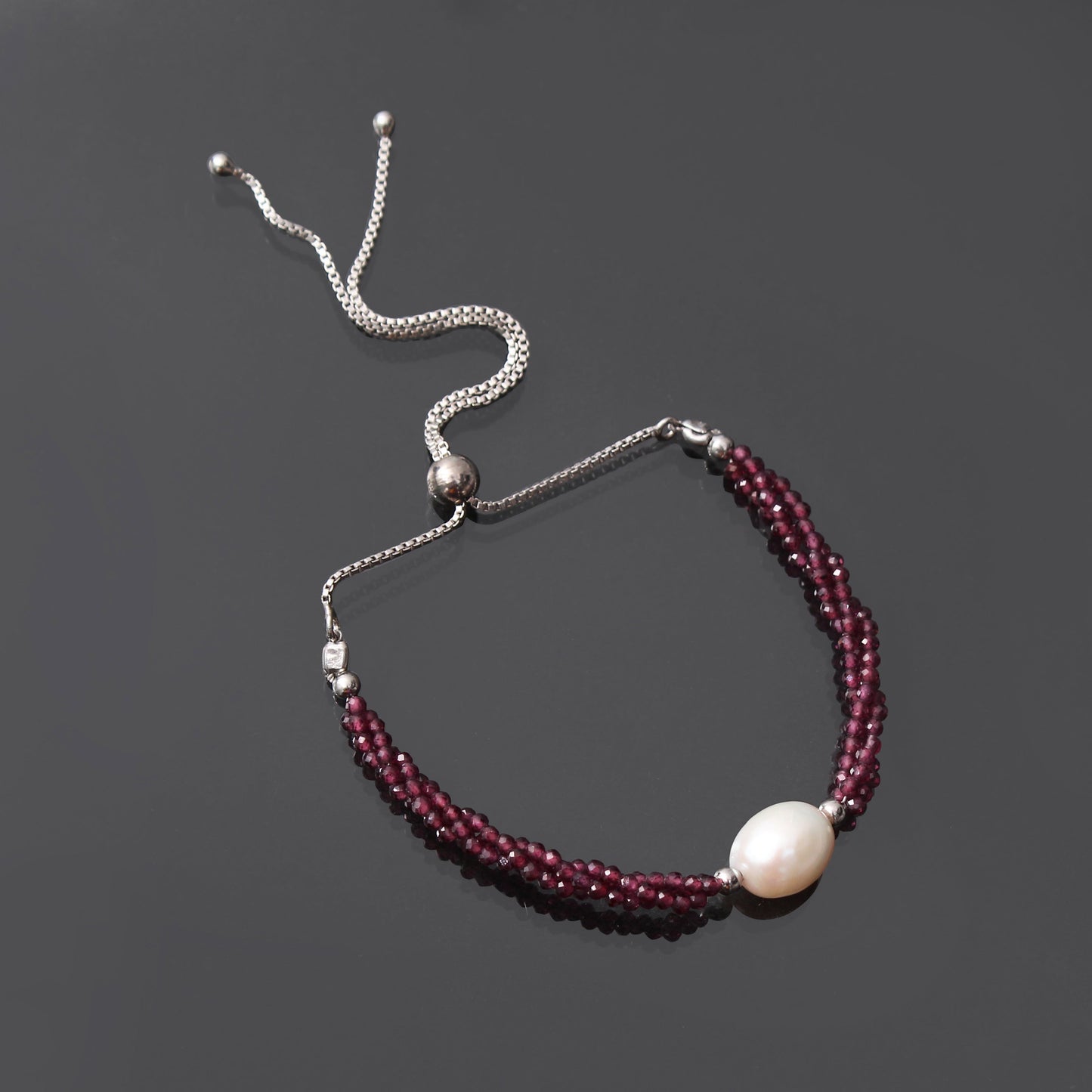 Twist Rhodolite Garnet/ Pearl Bolo Chain Silver Bracelet GemsRush