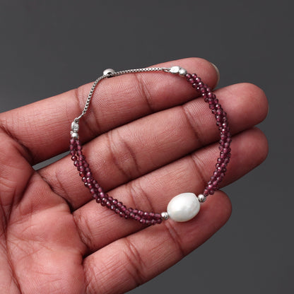 Twist Rhodolite Garnet/ Pearl Bolo Chain Silver Bracelet GemsRush