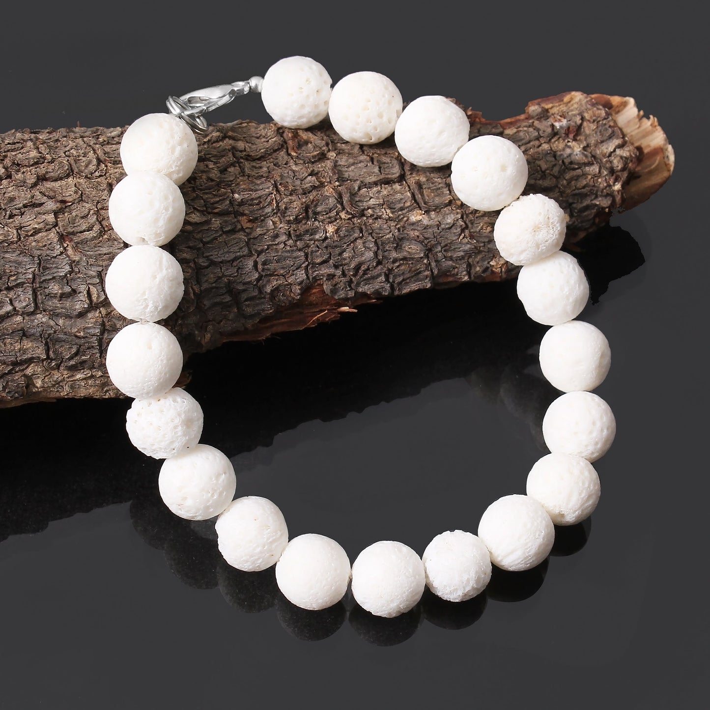 White Lava Bracelet, Pumice Ball Beads with Sterling Silver lock GemsRush