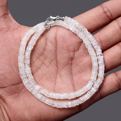 White Rainbow Moonstone Beaded Silver Necklace. GemsRush