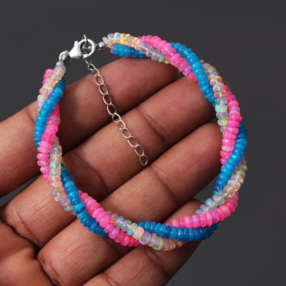 Yellow, Pink, Blue Ethiopian Opal Twisted Bracelet with Lobster Silver Lock GemsRush