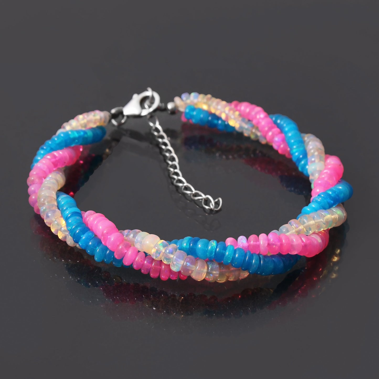 Yellow, Pink, Blue Ethiopian Opal Twisted Bracelet with Lobster Silver Lock GemsRush